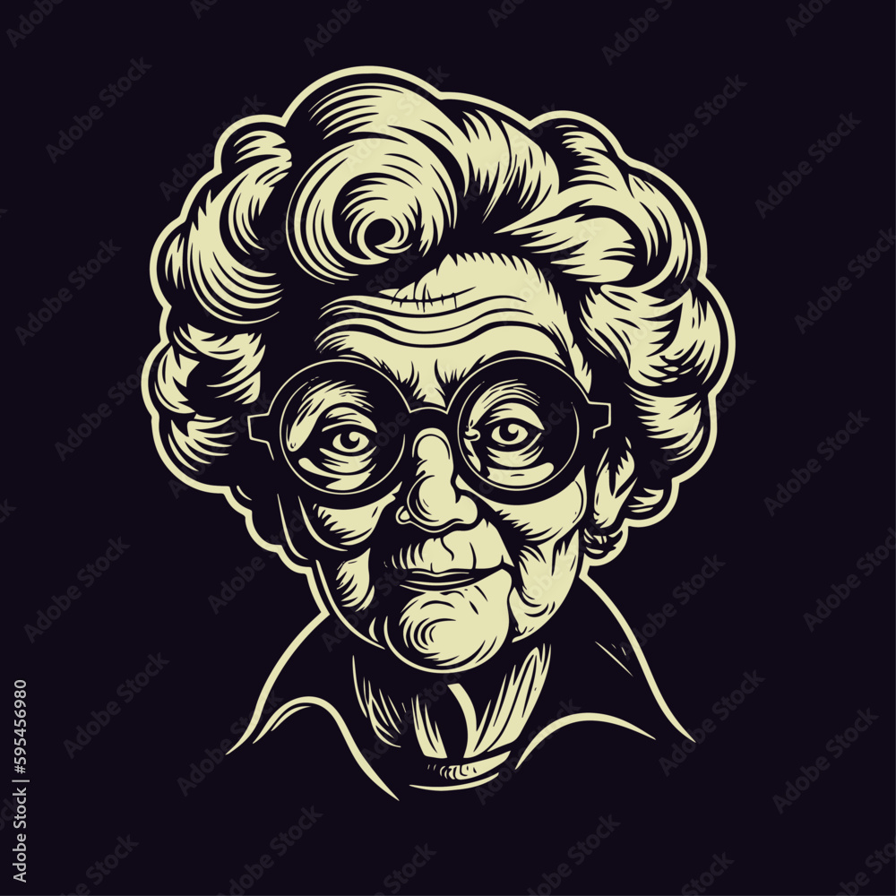 Grandma portrait. Hand drawn vintage engraving style woodcut vector illustration.	