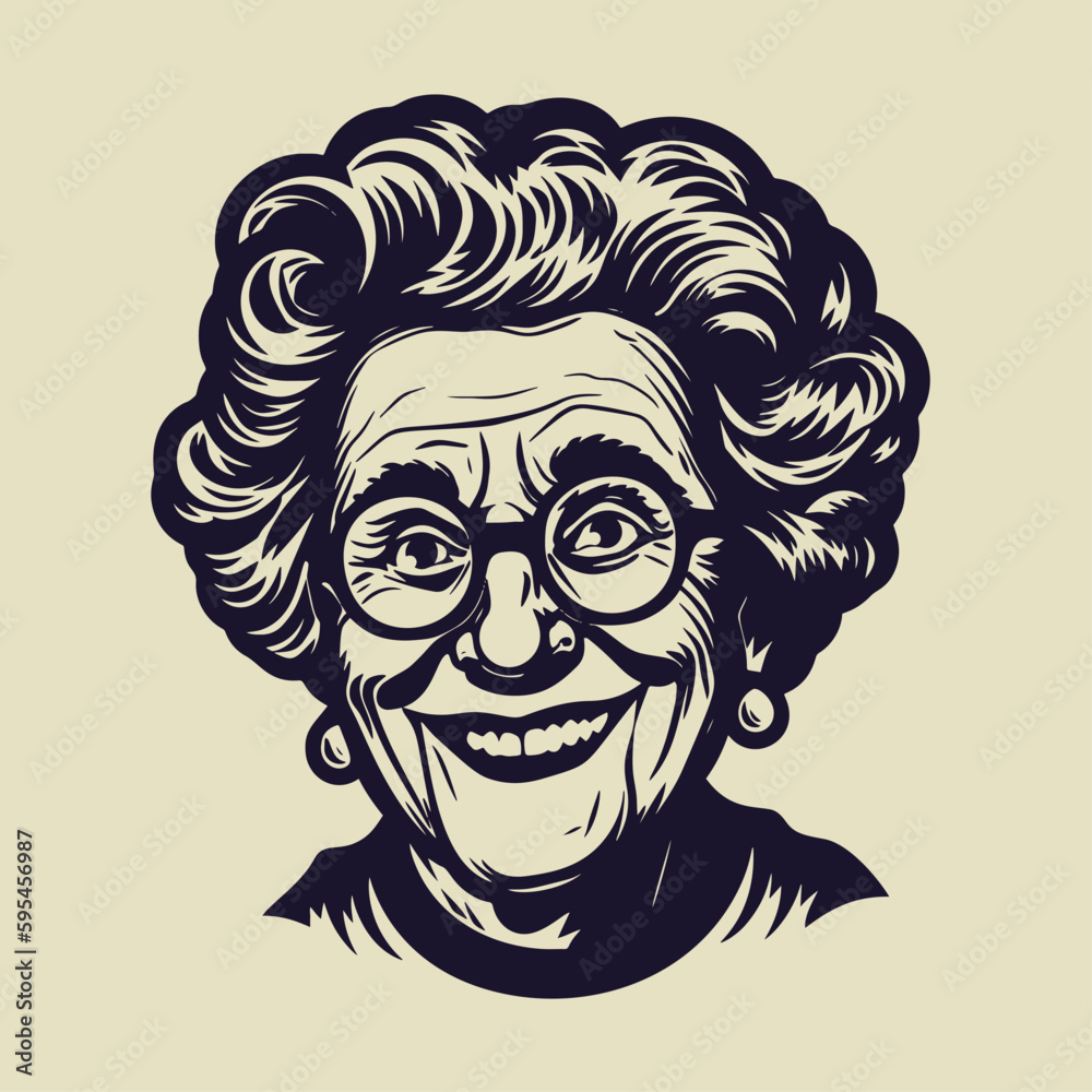 Happy grandma portrait. Hand drawn vintage engraving style woodcut vector illustration.