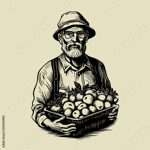 Old man with beard holding basket of apples. Hand drawn vintage engraving style woodcut vector illustration.	