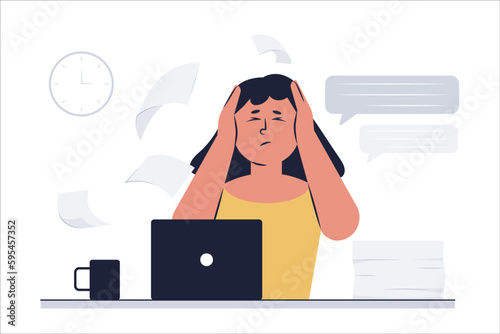 A female company employee has a lot of paperwork coming in. She feels a headache.