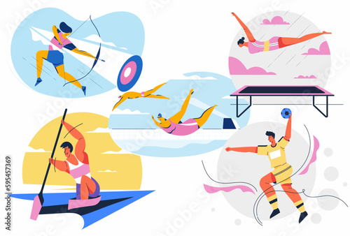 Sport concept with Young Athlete. Archery, Kayak, swimming, softball, tambourine, sport that competes at the Olympics