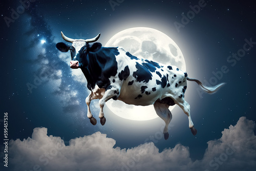 cow flying against the background of night sky with moon and stars. Concert of children's dreamy dreams. Generative AI illustration