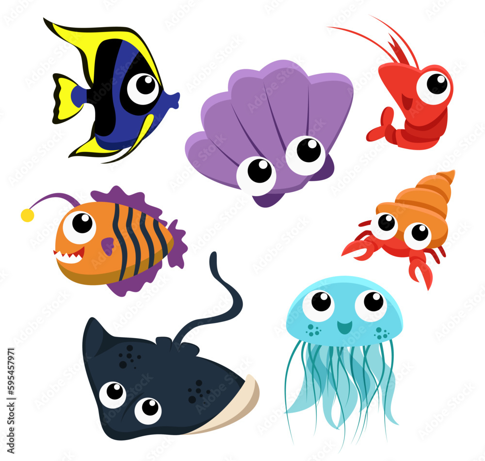 Fototapeta premium Set of sea creatures on white background vector