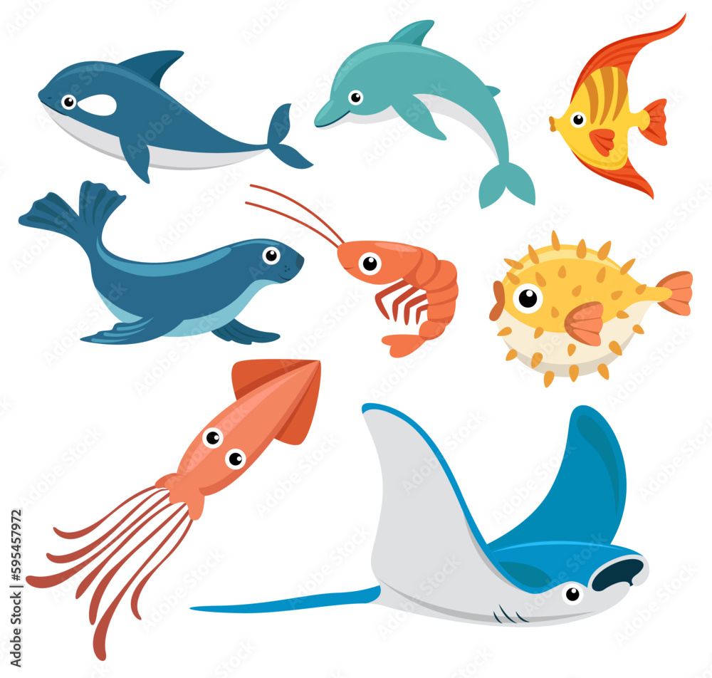 Set of sea creatures on white background vector
