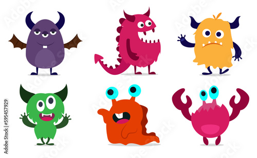 Happy Halloween vector. Monster colorful illustration flat style funny character silhouette head, face, eyes, tongue, tooth, fang, horn, hands up.