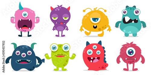 Happy Halloween vector. Monster colorful illustration flat style funny character silhouette head, face, eyes, tongue, tooth, fang, horn, hands up.
