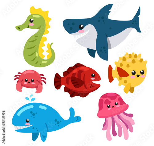 Set of sea creatures on white background vector