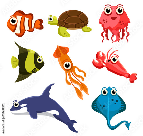 Set of sea creatures on white background vector