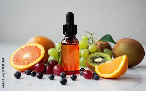 Vitamin C serum bottle and fruits