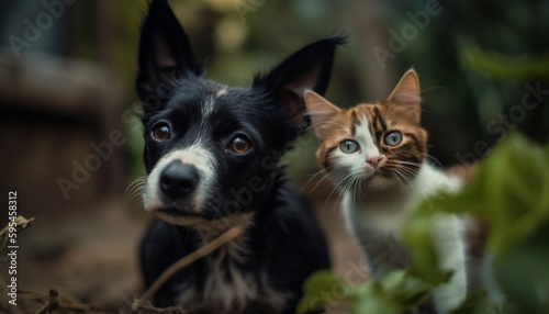 Cute puppy and kitten playing in grass generated by AI