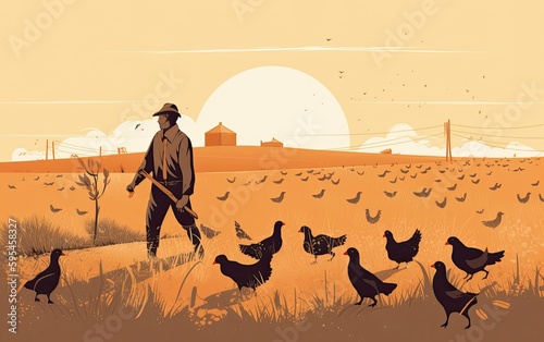 silhouette of a farmer in a chicken farm