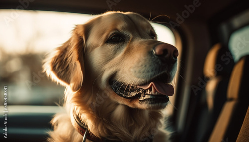 Cute purebred puppy sitting in car, outdoors generated by AI