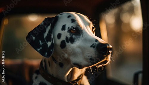 Cute Dalmatian puppy sitting outdoors, looking at camera generated by AI © Jeronimo Ramos