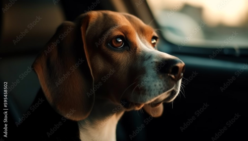 Cute puppy sitting by window, looking sad generated by AI