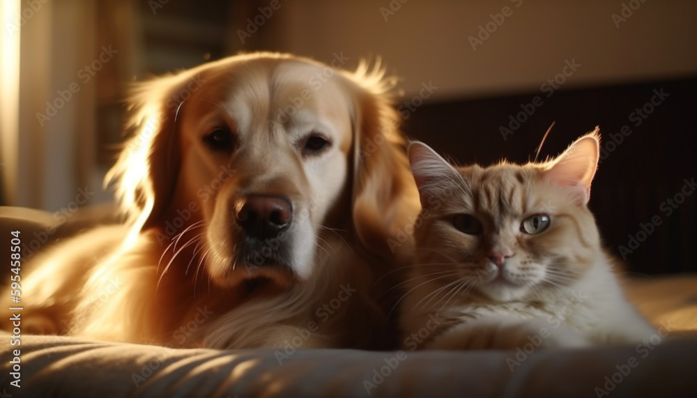 Cute purebred retriever and kitten share pillow generated by AI Cute purebred retriever and kitten share pillow generated by AI