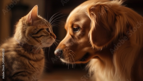 Cute puppy and kitten playing together indoors generated by AI