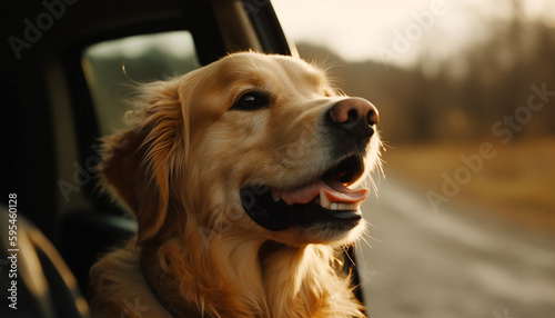 Smiling purebred retriever sitting in nature beauty generated by AI