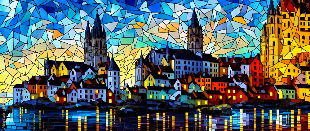 An ancient city with towers and castles by the river in the evening. Generative AI, Generative, AI