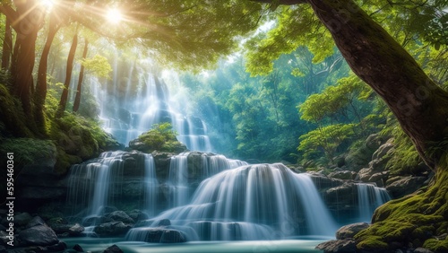 A Tasteful Waterfall In A Lush Green Forest With Sun Shining Through The Trees AI Generative © Cameron Schmidt