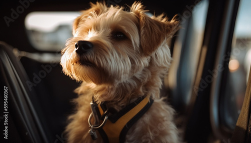 Cute purebred terrier sitting in car window generated by AI © Jeronimo Ramos