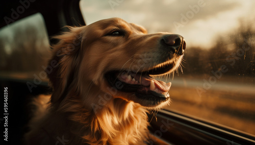 Smiling purebred puppy sitting in car, enjoying journey generated by AI