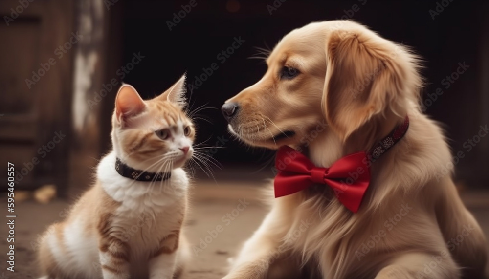Cute puppy and kitten sitting, playing, and cuddling generated by AI Cute puppy and kitten sitting, playing, and cuddling generated by AI