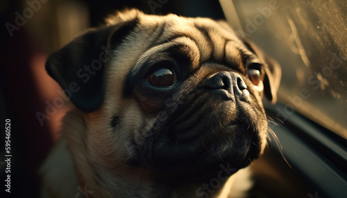Cute pug and French bulldog sitting outdoors together generated by AI