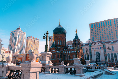 January 2nd, 2022. HARBIN, CHINA. Saint Sophia Cathedral in Harbin, was built in 1907 and turned into a museum in 1997. It stands at 53.3 meters (175 ft) tall, occupies an area of 721 square meters photo