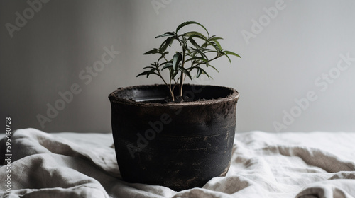 Seedling/Plant Growing in Natural Matte Black Terra Cotta Gardening Pot with Textured Linen - Generative AI