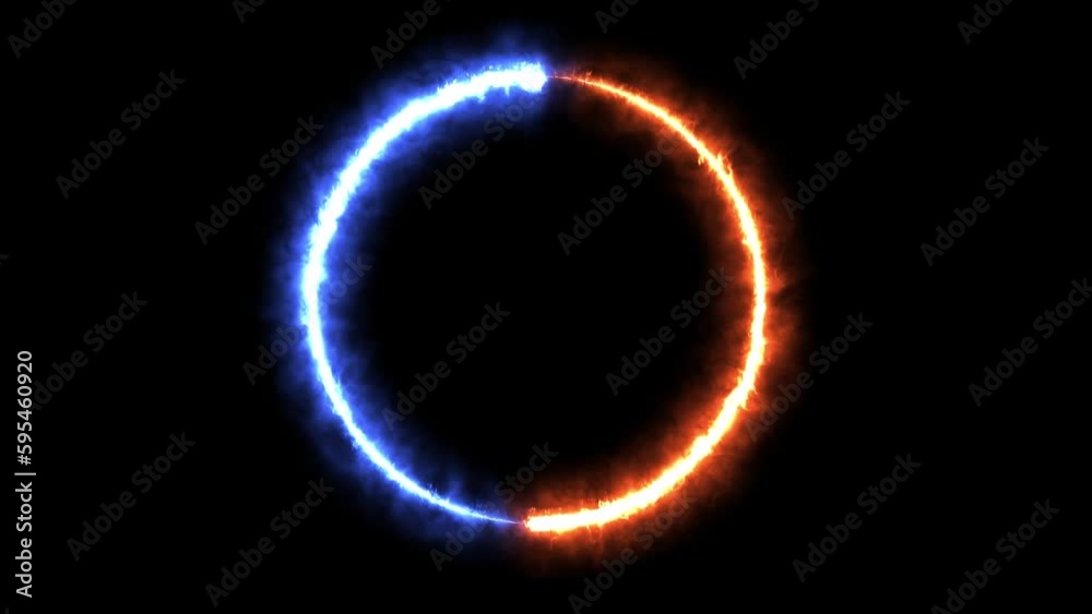 Circle fire frame with Hot red fire and Cool blue fire ring magic moving animation. Ying Yang concept. Abstract ring of plasma ice blue red fire particle circle.