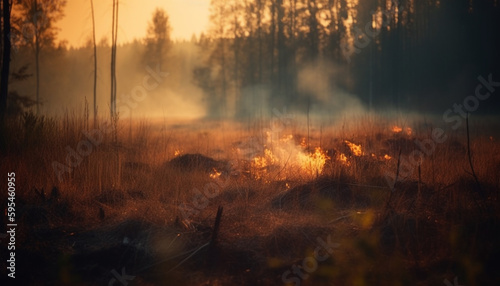 Burning forest, glowing flames, environmental damage, reflection generated by AI © Jeronimo Ramos