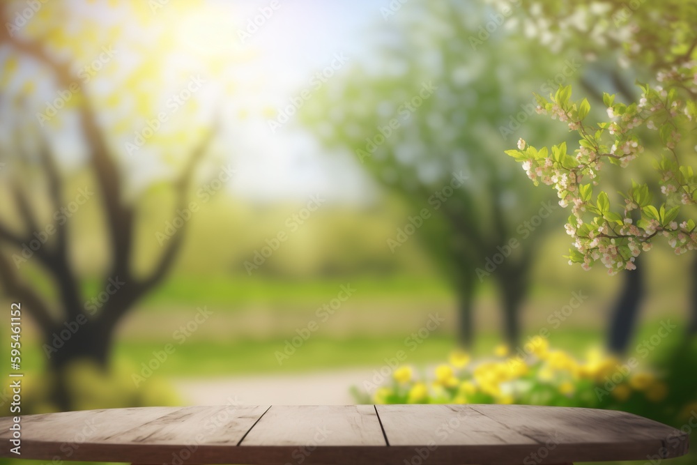 Empty wooden table over blurred autumn garden background, product display montage