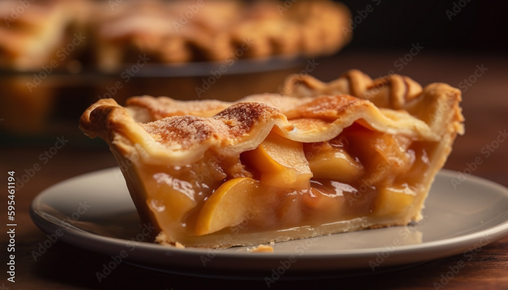 Freshly baked apple pie on rustic wooden plate generated by AI Freshly baked apple pie on rustic wooden plate generated by AI