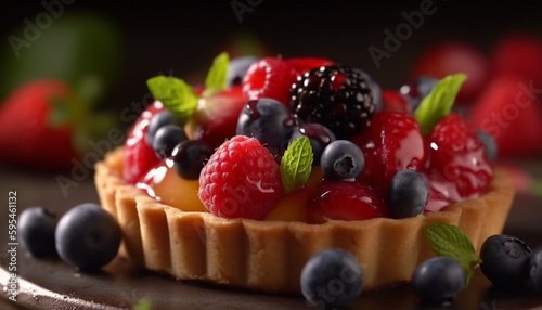 Sweet berry tart with fresh mint leaf decoration generated by AI