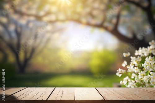  Empty wooden table over blurred autumn garden background, product display montage