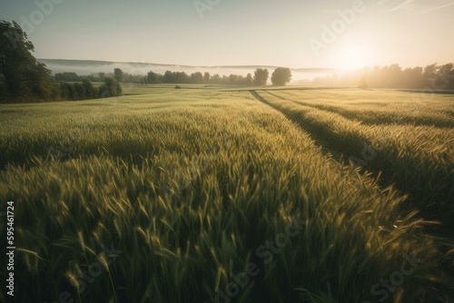 A stunning agricultural landscape with lush green wheat crops in a field. Generative AI