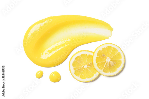 Homemade vanilla custard pudding or lemon curd with lemon slices isolated on white background, top view