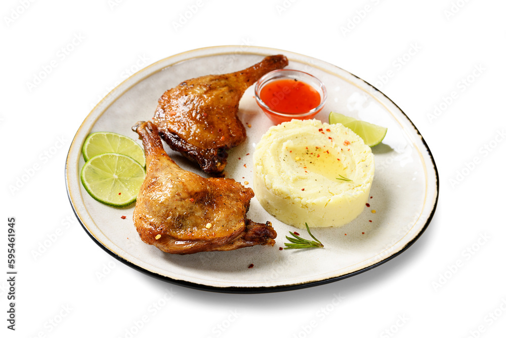 Freshly roasted duck legs confit served with potato puree and lime slices. isolated on white background Freshly roasted duck legs confit served with potato puree and lime slices. isolated on white background