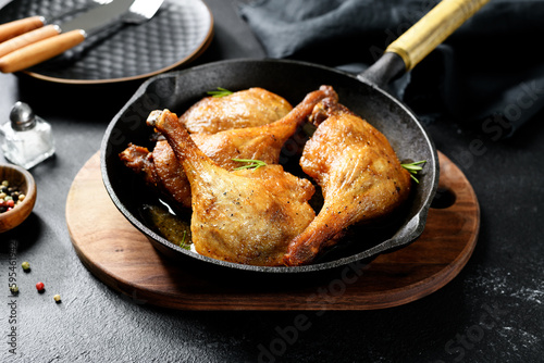 Freshly roasted duck legs confit in  pan,  black background photo