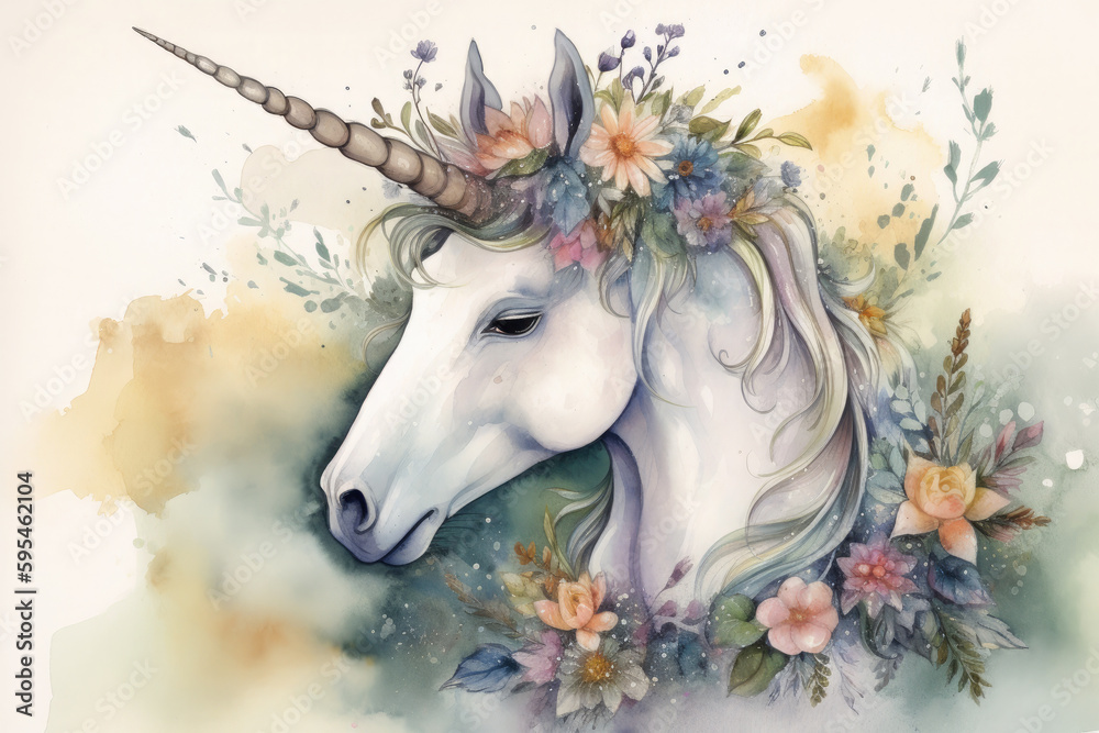 Draw a watercolor portrait of a unicorn with a floral wreath around its horn, standing amidst a field of wildflowers and playful butterflies