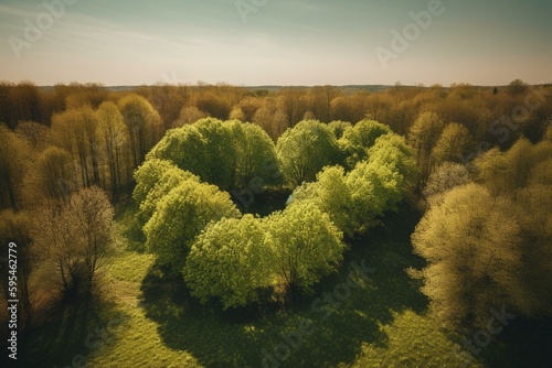 A heart-shaped arrangement of trees in springtime. Generative AI