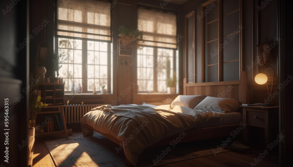 Comfortable modern bedroom with bright natural sunlight generated by AI Comfortable modern bedroom with bright natural sunlight generated by AI