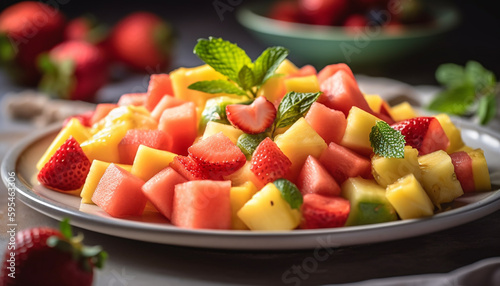Healthy fruit salad with ripe berries and melon generated by AI