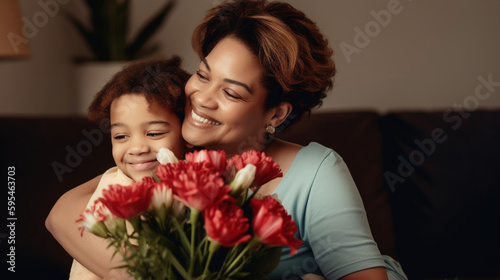 Child and Mother sitting together time together celebrating mother’s day. AI-generated Gen Art, not modelled after a living person.