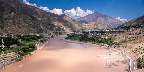 The Yangtze River in Yunnan Province. The section of the river flowing through deep gorges is part of the Three Parallel Rivers of Yunnan Protected Areas: a UNESCO World Heritage Site. Panorama