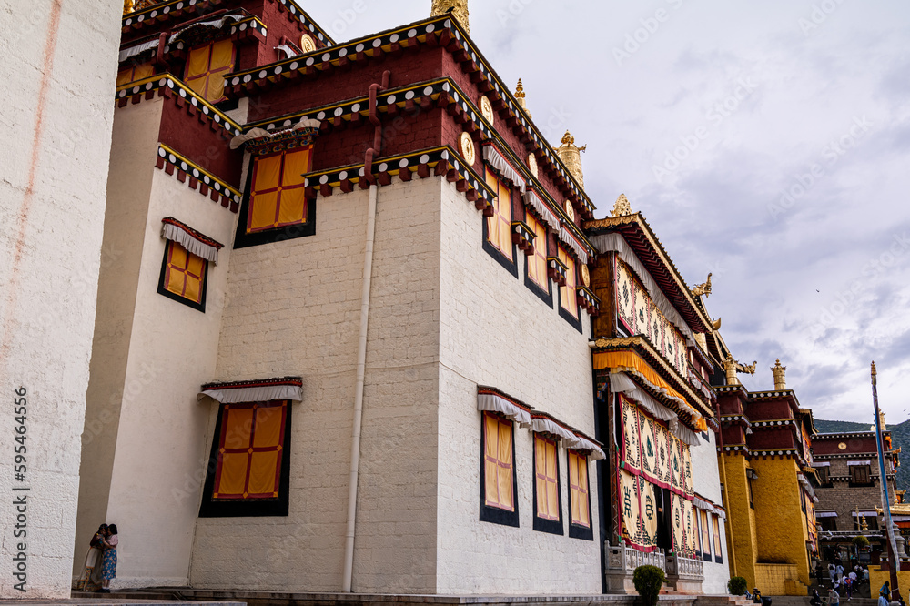 Songzanlin monastery main building facade view called Master Tsongkhapa hall and blue sky in Shangri-La Yunnan China