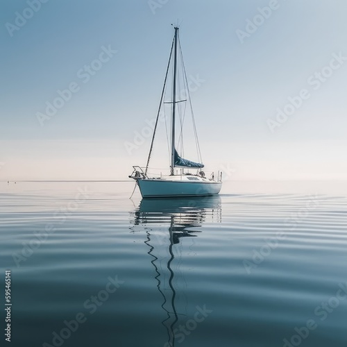 Silboat with sail down on calm still water