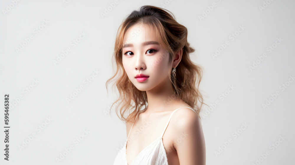 Beautiful Asian Woman, Close up on her face with Smooth skin look at the camera on a White background in Studio light. Japanese or Chinese or Korean or Taiwanese. Wedding photo. generative AI Beautiful Asian Woman, Close up on her face with Smooth skin look at the camera on a White background in Studio light. Japanese or Chinese or Korean or Taiwanese. Wedding photo. generative AI