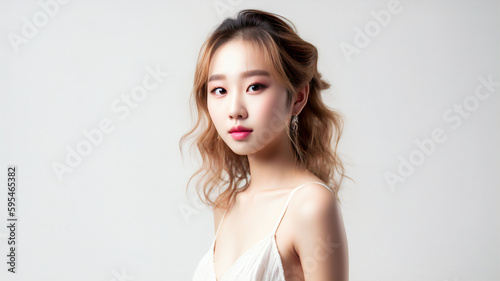 Beautiful Asian Woman, Close up on her face with Smooth skin look at the camera on a White background in Studio light. Japanese or Chinese or Korean or Taiwanese. Wedding photo. generative AI