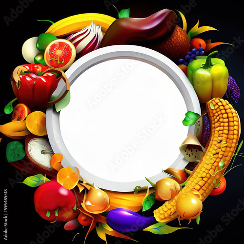 Abstract design of a circular frame with Variety of fruits and vegetables around it  used for banners  flyers  posters  advertisements with Generative AI